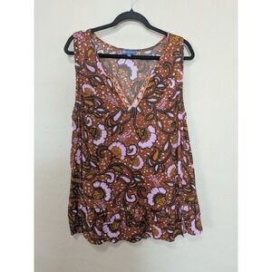Democracy Brown Paisley Floral V Neck Sleeveless Ruffle Hem Tunic Top 1X Boho